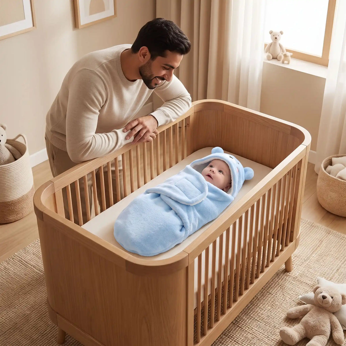 bebe dans nid d ange ourson bleu dans basinette