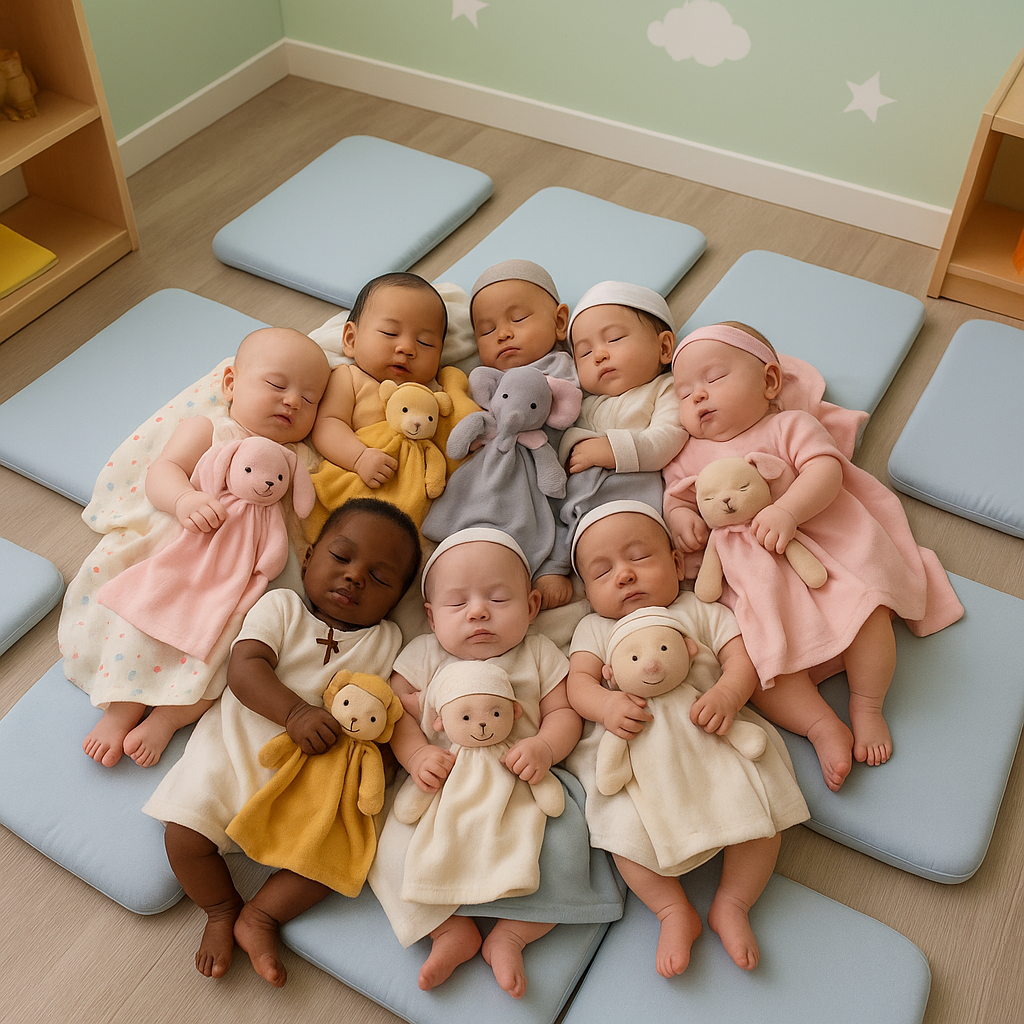 bébés dormant collés avec doudous dans crèche